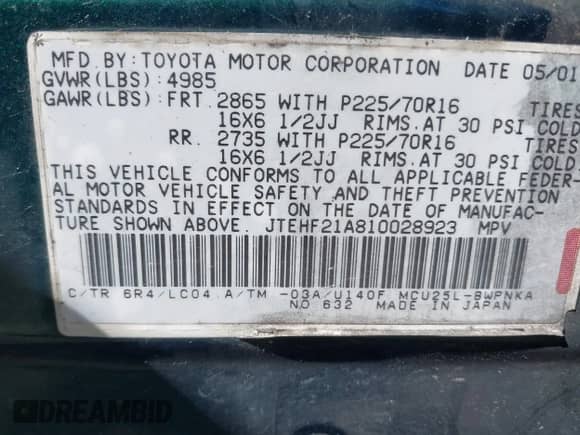 2001 Toyota Highlander с VIN JTEHF21A810028923, выставлен на аукционе IAAI как лот 42910642 с пробегом 216 736 миль миль и . История ставок и продаж доступна на DreamBid. Изображение 9.