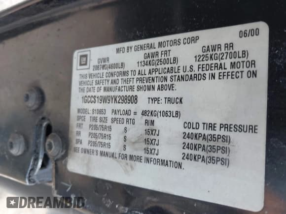 ✅ 2000 Chevrolet S-10 LS • VIN: 1GCCS19W9YK298908 • Лот: 42791003. Опубликован ранее на IAAI с пробегом Не указан. Бесплатный доступ к архиву аукционных продаж из США и подробный отчёт об истории автомобиля на DreamBid. Изображение 9.