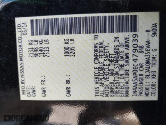 ✅ 2014 Nissan Maxima SV • VIN: 1N4AA5AP0EC479039 • Lot: 41346084. Listed on IAAI with 235,823 mi. Free auction sales archive from the USA and detailed vehicle history report at DreamBid. Image 9.