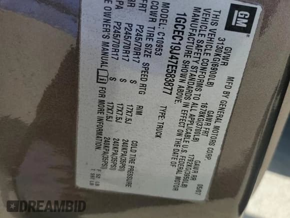 ✅ 2007 Chevrolet Silverado 1500 Work Truck • VIN: 1GCEC19J47E583877 • Lot: 54239315. Listed on Copart with 168,457 mi. Free auction sales archive from the USA and detailed vehicle history report at DreamBid. Image 12.