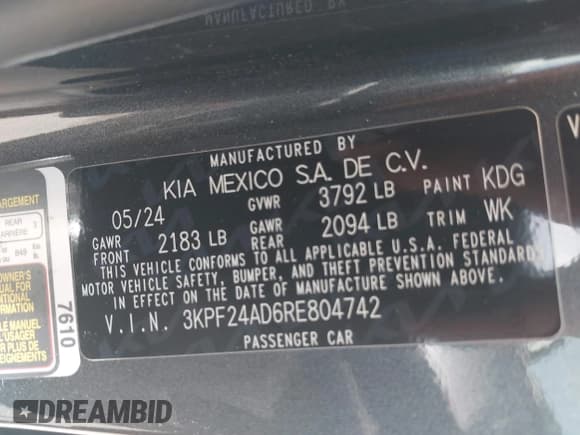 ✅ 2024 Kia Forte LXS • VIN: 3KPF24AD6RE804742 • Lot: 42804745. Listed on IAAI with 9,939 mi. Free auction sales archive from the USA and detailed vehicle history report at DreamBid. Image 9.