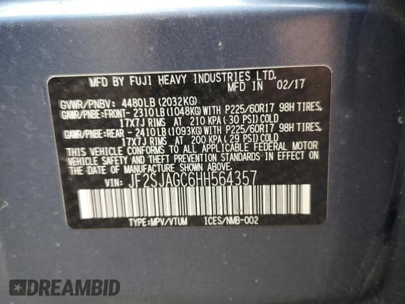 ✅ 2017 Subaru Forester Premium • VIN: JF2SJAGC6HH564357 • Lot: 85347445. Listed on Copart with 91,466 mi. Free auction sales archive from the USA and detailed vehicle history report at DreamBid. Image 13.