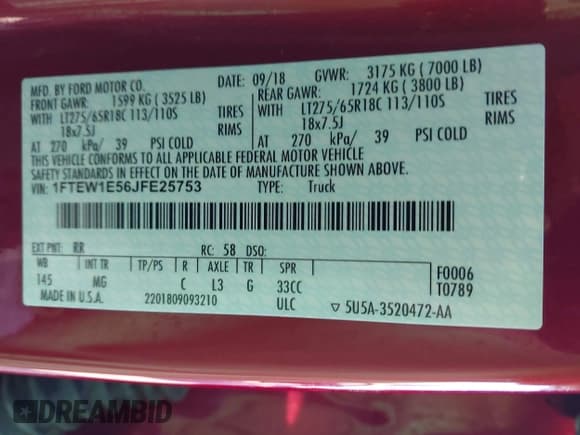 ✅ 2018 Ford F-150 XL • VIN: 1FTEW1E56JFE25753 • Lot: 43467033. Listed on IAAI with 98,675 mi. Free auction sales archive from the USA and detailed vehicle history report at DreamBid. Image 9.