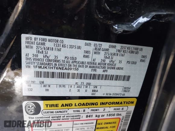 ✅ 2022 Ford Expedition Max XLT • VIN: 1FMJK1HT6NEA09150 • Лот: 41423268. Опубликован ранее на IAAI с пробегом 17 336 миль. Бесплатный доступ к архиву аукционных продаж из США и подробный отчёт об истории автомобиля на DreamBid. Изображение 9.