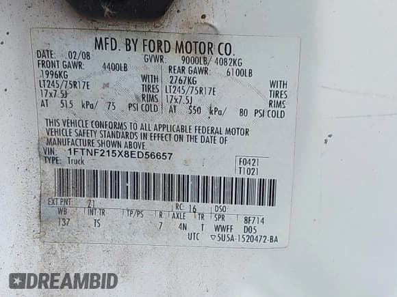 ✅ 2008 Ford F-250 XL • VIN: 1FTNF215X8ED56657 • Lot: 43646590. Listed on IAAI with 47,491 mi. Free auction sales archive from the USA and detailed vehicle history report at DreamBid. Image 9.