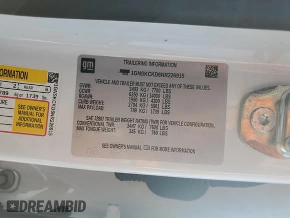 ✅ 2022 Chevrolet Suburban LT • VIN: 1GNSKCKD6NR226915 • Lot: 54315115. Listed on Copart with Not provided. Free auction sales archive from the USA and detailed vehicle history report at DreamBid. Image 13.