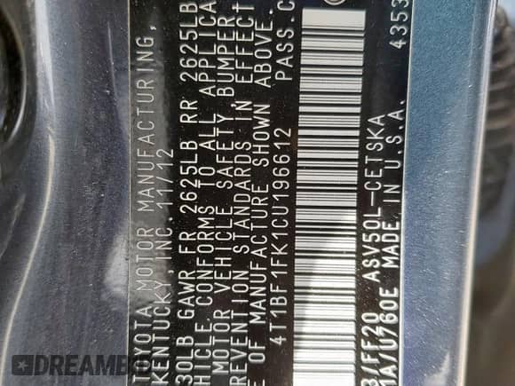 2012 Toyota Camry SE Sport Limited Edition с VIN 4T1BF1FK1CU196612, выставлен на аукционе Copart как лот 59163695 с пробегом 155 077 миль миль и Списание • Salvage title. История ставок и продаж доступна на DreamBid. Изображение 12.