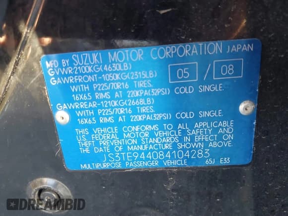 ✅ 2008 Suzuki Grand Vitara XSport • VIN: JS3TE944084104283 • Lot: 43888122. Listed on IAAI with 133,302 mi. Free auction sales archive from the USA and detailed vehicle history report at DreamBid. Image 9.