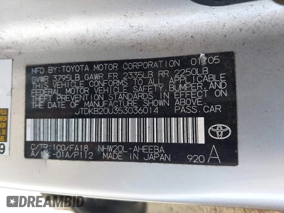 ✅ 2005 Toyota Prius • VIN: JTDKB20U353036014 • Lot: 43736103. Listed on IAAI with 122,145 mi. Free auction sales archive from the USA and detailed vehicle history report at DreamBid. Image 9.