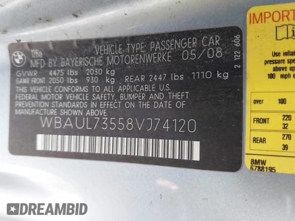 ✅ 2008 BMW 1 Series 128i • VIN: WBAUL73558VJ74120 • Lot: 42071753. Wystawiony na IAAI z przebiegiem 180 709 mil. Bezpłatny archiwum sprzedaży aukcyjnych z USA i szczegółowy raport historii pojazdu na DreamBid. Zdjęcie 9.