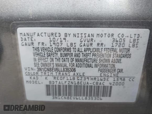 ✅ 2020 Nissan Versa SV • VIN: 3N1CN8EV6LL835306 • Lot: 43197186. Wystawiony na IAAI z przebiegiem Nie podano. Bezpłatny archiwum sprzedaży aukcyjnych z USA i szczegółowy raport historii pojazdu na DreamBid. Zdjęcie 9.