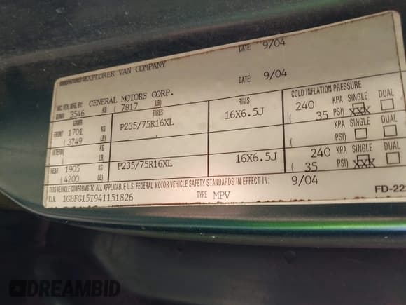 ✅ 2004 Chevrolet Express Passenger • VIN: 1GBFG15T941151826 • Lot: 42906999. Listed on IAAI with 191,107 mi. Free auction sales archive from the USA and detailed vehicle history report at DreamBid. Image 9.