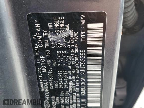 ✅ 2018 Hyundai Tucson Sport • VIN: KM8J3CAL2JU752388 • Lot: 86261405. Listed on Copart with 105,609 mi. Free auction sales archive from the USA and detailed vehicle history report at DreamBid. Image 13.