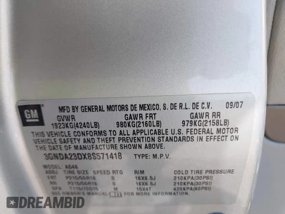 ✅ 2008 Chevrolet HHR LT • VIN: 3GNDA23DX8S571418 • Lot: 41720366. Listed on IAAI with 63,993 mi. Free auction sales archive from the USA and detailed vehicle history report at DreamBid. Image 9.