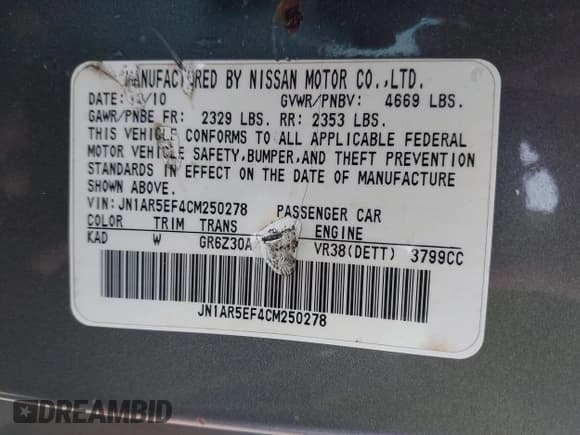 ✅ 2012 Nissan GT-R Premium • VIN: JN1AR5EF4CM250278 • Lot: 42027112. Wystawiony na IAAI z przebiegiem Nie podano. Bezpłatny archiwum sprzedaży aukcyjnych z USA i szczegółowy raport historii pojazdu na DreamBid. Zdjęcie 9.