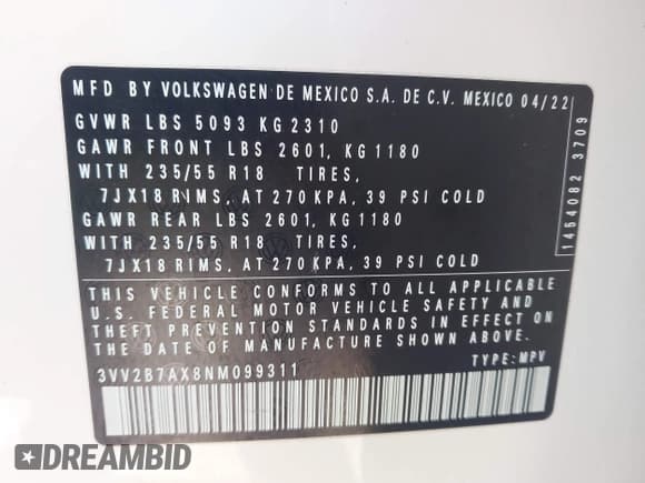 ✅ 2022 Volkswagen Tiguan SE • VIN: 3VV2B7AX8NM099311 • Lot: 43094041. Wystawiony na IAAI z przebiegiem 58 888 mil. Bezpłatny archiwum sprzedaży aukcyjnych z USA i szczegółowy raport historii pojazdu na DreamBid. Zdjęcie 9.