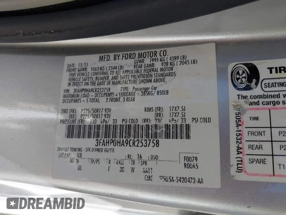 ✅ 2012 Ford Fusion SE • VIN: 3FAHP0HA9CR253758 • Lot: 43560812. Wystawiony na IAAI z przebiegiem 187 578 mil. Bezpłatny archiwum sprzedaży aukcyjnych z USA i szczegółowy raport historii pojazdu na DreamBid. Zdjęcie 9.