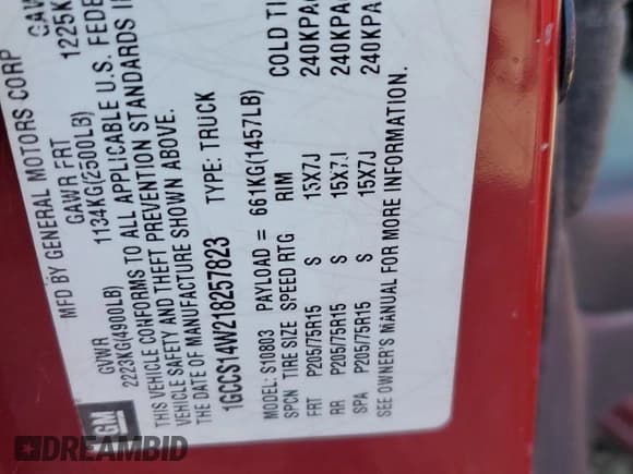 ✅ 2001 Chevrolet S-10 • VIN: 1GCCS14W218257823 • Lot: 85905364. Listed on Copart with Not provided. Free auction sales archive from the USA and detailed vehicle history report at DreamBid. Image 12.