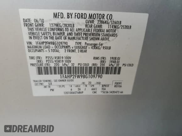 ✅ 2011 Ford Taurus Limited • VIN: 1FAHP2FW9BG109790 • Lot: 91123515. Listed on Copart with 141,172 mi. Free auction sales archive from the USA and detailed vehicle history report at DreamBid. Image 12.