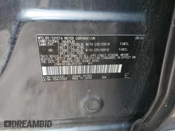 ✅ 2016 Toyota RAV4 Limited • VIN: JTMDFREV4GJ092789 • Lot: 60430715. Listed on Copart with Not provided. Free auction sales archive from the USA and detailed vehicle history report at DreamBid. Image 13.