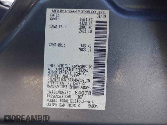 ✅ 2019 Nissan Altima SV • VIN: 1N4BL4DV5KC184078 • Lot: 43625431. Listed on IAAI with 126,825 mi. Free auction sales archive from the USA and detailed vehicle history report at DreamBid. Image 9.