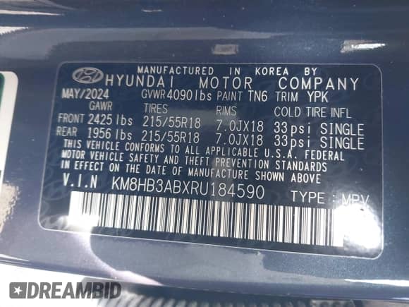 2024 Hyundai Kona SEL with VIN KM8HB3ABXRU184590, listed as a IAAI auction lot 41701589 with 10,063 mi miles and . Bid and sale history available at DreamBid. Image 9.