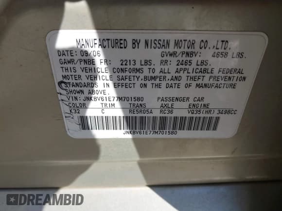 ✅ 2007 Infiniti G35 Sport • VIN: JNKBV61E77M701580 • Лот: 41722982. Опубликован ранее на IAAI с пробегом 149 325 миль. Бесплатный доступ к архиву аукционных продаж из США и подробный отчёт об истории автомобиля на DreamBid. Изображение 9.