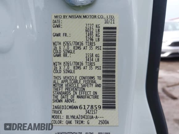✅ 2022 Nissan Frontier S • VIN: 1N6ED1CM6NN617859 • Lot: 41722628. Listed on IAAI with 55,561 mi. Free auction sales archive from the USA and detailed vehicle history report at DreamBid. Image 9.