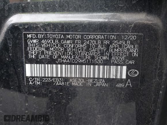 ✅ 2021 Lexus IS 300 • VIN: JTHAA1D29M5111530 • Lot: 42203528. Listed on IAAI with 76,996 mi. Free auction sales archive from the USA and detailed vehicle history report at DreamBid. Image 9.