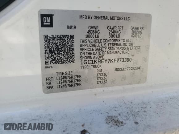 ✅ 2019 Chevrolet Silverado 2500HD Work Truck • VIN: 1GC1KREY7KF273390 • Lot: 89673085. Listed on Copart with 105,275 mi. Free auction sales archive from the USA and detailed vehicle history report at DreamBid. Image 13.