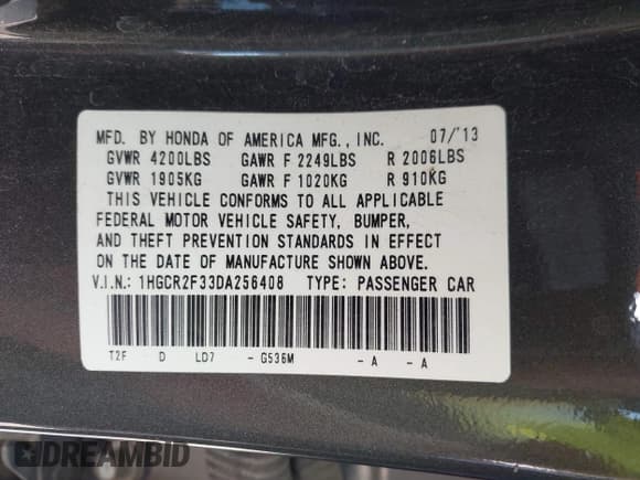 ✅ 2013 Honda Accord LX • VIN: 1HGCR2F33DA256408 • Лот: 43337050. Опубликован ранее на IAAI с пробегом 104 082 миль. Бесплатный доступ к архиву аукционных продаж из США и подробный отчёт об истории автомобиля на DreamBid. Изображение 9.