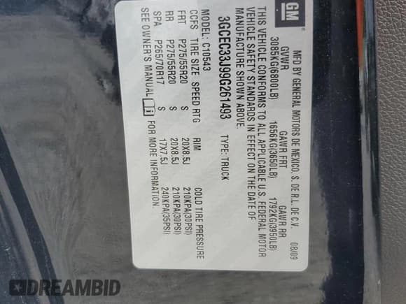 ✅ 2009 Chevrolet Silverado 1500 • VIN: 3GCEC33J99G261493 • Lot: 56348385. Listed on Copart with 188,966 mi. Free auction sales archive from the USA and detailed vehicle history report at DreamBid. Image 12.