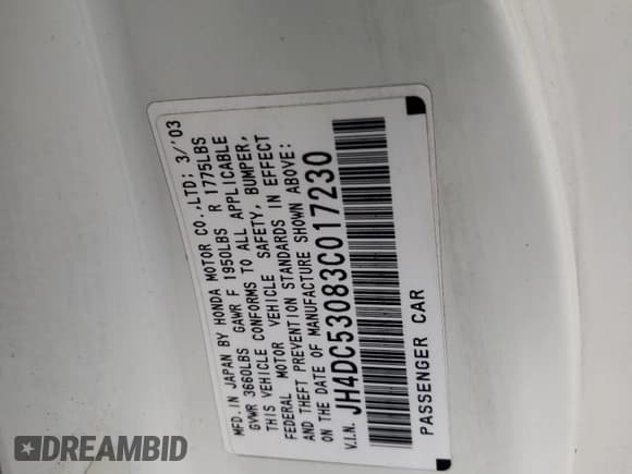 ✅ 2003 Acura RSX Type S • VIN: JH4DC53083C017230 • Lot: 74597124. Wystawiony na Copart z przebiegiem 170 661 mil. Bezpłatny archiwum sprzedaży aukcyjnych z USA i szczegółowy raport historii pojazdu na DreamBid. Zdjęcie 12.