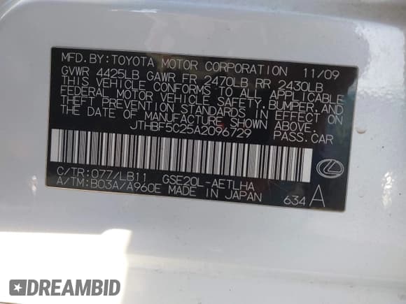 ✅ 2010 Lexus IS 250 • VIN: JTHBF5C25A2096729 • Lot: 43796450. Listed on IAAI with 144,932 mi. Free auction sales archive from the USA and detailed vehicle history report at DreamBid. Image 9.