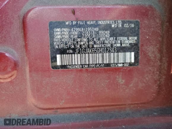 ✅ 2016 Subaru Impreza Limited • VIN: JF1GJAK65GH012343 • Lot: 84831165. Listed on Copart with 1,785 mi. Free auction sales archive from the USA and detailed vehicle history report at DreamBid. Image 13.