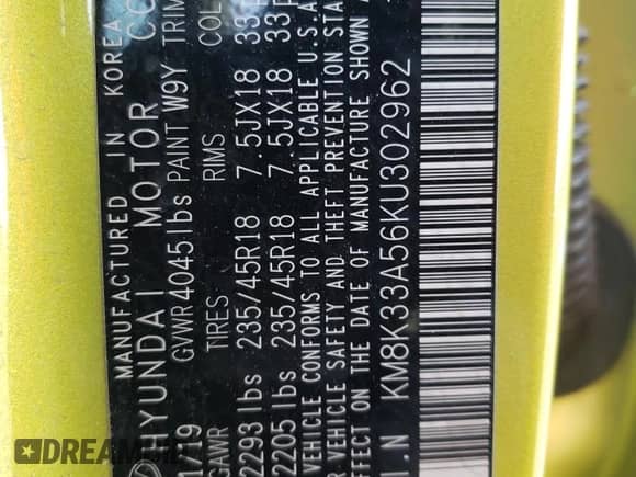 2019 Hyundai Kona Limited with VIN KM8K33A56KU302962, listed as a Copart auction lot 39362913 with 94,545 mi miles and . Bid and sale history available at DreamBid. Image 13.