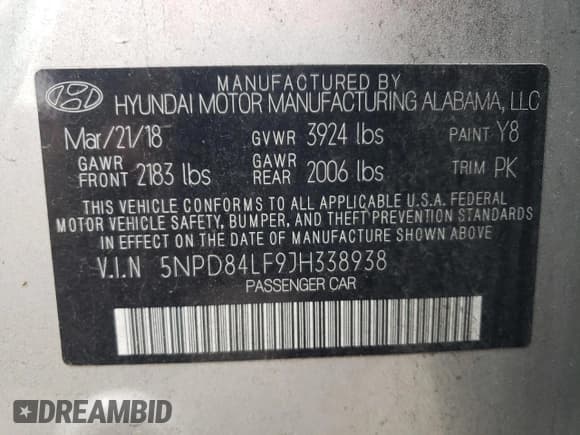 ✅ 2018 Hyundai Elantra Limited • VIN: 5NPD84LF9JH338938 • Lot: 90128175. Listed on Copart with 78,909 mi. Free auction sales archive from the USA and detailed vehicle history report at DreamBid. Image 12.