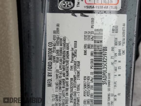 ✅ 2012 Ford Fusion Hybrid • VIN: 3FADP0L35CR259788 • Lot: 57503385. Listed on Copart with 201,807 mi. Free auction sales archive from the USA and detailed vehicle history report at DreamBid. Image 13.