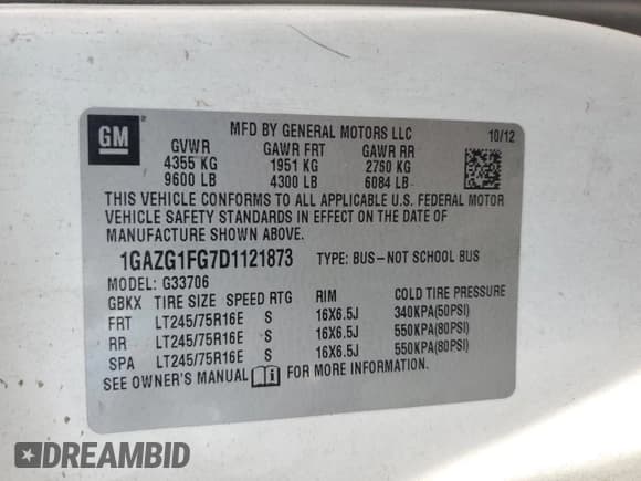 ✅ 2013 Chevrolet Express Passenger LT • VIN: 1GAZG1FG7D1121873 • Lot: 64763815. Listed on Copart with Not provided. Free auction sales archive from the USA and detailed vehicle history report at DreamBid. Image 13.