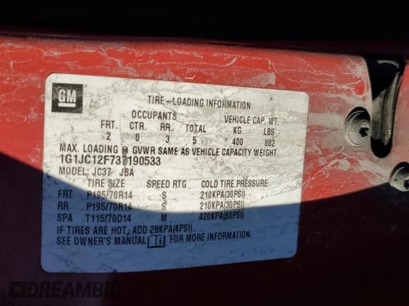 ✅ 2003 Chevrolet Cavalier • VIN: 1G1JC12F737190533 • Lot: 91657235. Listed on Copart with Not provided. Free auction sales archive from the USA and detailed vehicle history report at DreamBid. Image 12.