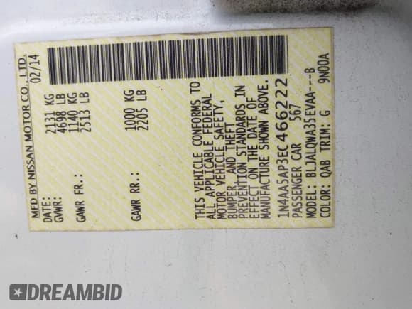 ✅ 2014 Nissan Maxima SV • VIN: 1N4AA5AP3EC466222 • Lot: 42176683. Listed on IAAI with 135,575 mi. Free auction sales archive from the USA and detailed vehicle history report at DreamBid. Image 9.