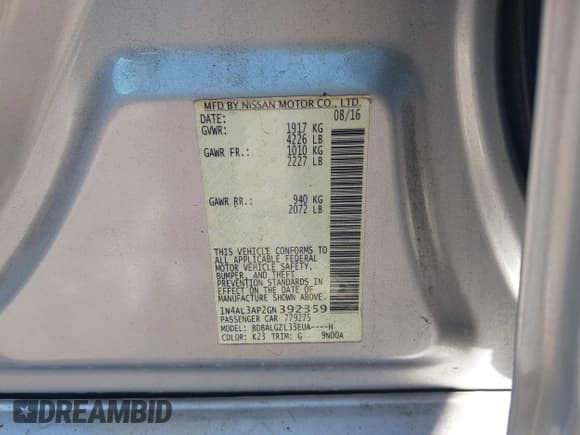 ✅ 2016 Nissan Altima S • VIN: 1N4AL3AP2GN392359 • Lot: 42187237. Listed on IAAI with 170,107 mi. Free auction sales archive from the USA and detailed vehicle history report at DreamBid. Image 9.