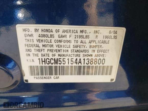 ✅ 2004 Honda Accord DX • VIN: 1HGCM55154A138800 • Lot: 43617472. Listed on IAAI with 35,894 mi. Free auction sales archive from the USA and detailed vehicle history report at DreamBid. Image 9.
