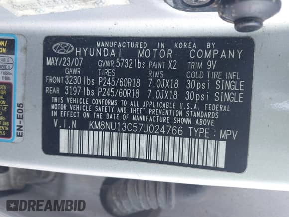 ✅ 2007 Hyundai Veracruz GLS • VIN: KM8NU13C57U024766 • Lot: 43627615. Listed on IAAI with 153,290 mi miles. Access the free auction sales archive from the USA and view a detailed vehicle history report at DreamBid. Image 9.