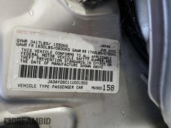 ✅ 2001 Mitsubishi Mirage ES • VIN: JA3AY26C11U001502 • Lot: 70354855. Listed on Copart with 156,805 mi. Free auction sales archive from the USA and detailed vehicle history report at DreamBid. Image 12.