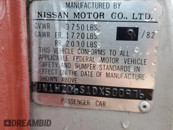 ✅ 1983 Datsun 280ZX 2+2 • VIN: JN1HZ06S1DX500976 • Lot: 56716405. Listed on Copart with 190,889 mi. Free auction sales archive from the USA and detailed vehicle history report at DreamBid. Image 12.