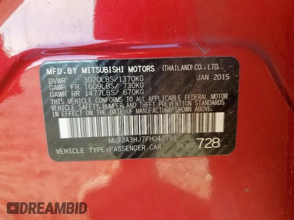 ✅ 2015 Mitsubishi Mirage DE • VIN: ML32A3HJ7FH042781 • Lot: 91847115. Listed on Copart with 138,903 mi. Free auction sales archive from the USA and detailed vehicle history report at DreamBid. Image 12.