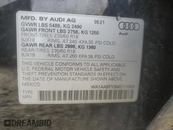 ✅ 2021 Audi Q5 • VIN: WA1AABFY3M2111933 • Lot: 80734245. Listed on Copart with 41,581 mi. Free auction sales archive from the USA and detailed vehicle history report at DreamBid. Image 14.