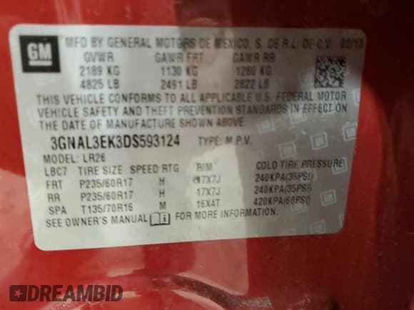 ✅ 2013 Chevrolet Captiva Sport LT • VIN: 3GNAL3EK3DS593124 • Lot: 53739015. Wystawiony na Copart z przebiegiem 162 504 mil. Bezpłatny archiwum sprzedaży aukcyjnych z USA i szczegółowy raport historii pojazdu na DreamBid. Zdjęcie 13.