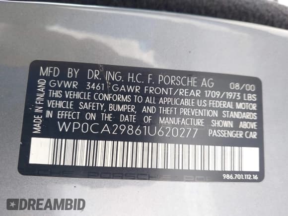 ✅ 2001 Porsche Boxster • VIN: WP0CA29861U620277 • Лот: 42139203. Опубликован ранее на IAAI с пробегом 120 788 миль. Бесплатный доступ к архиву аукционных продаж из США и подробный отчёт об истории автомобиля на DreamBid. Изображение 9.